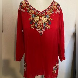 Johnny Was red floral shirt